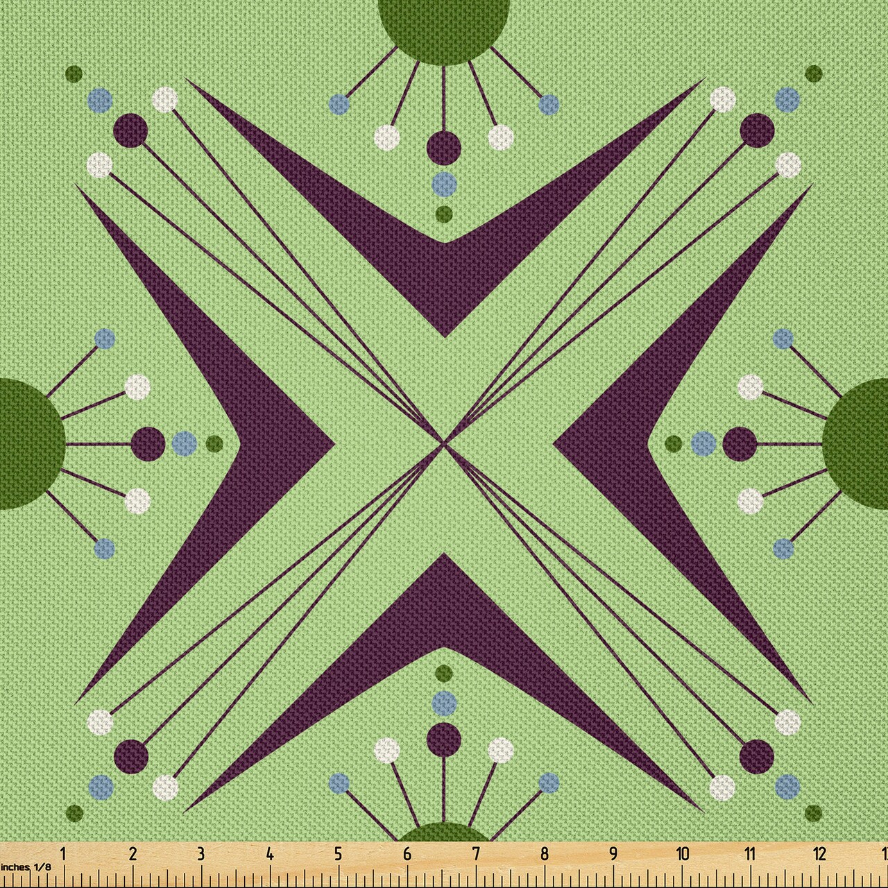 Ambesonne Mid Century Fabric by The Yard, Atomic Form Boomerang Details Dots and Crossed Lines, Decorative Satin Fabric for Home Textiles and Crafts, 1 Yards, Green Plum